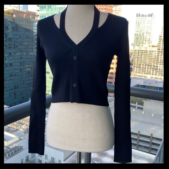 Ribbed Knit Crop Cardigan Long Sleeve Black Cut OutSweater - Medium